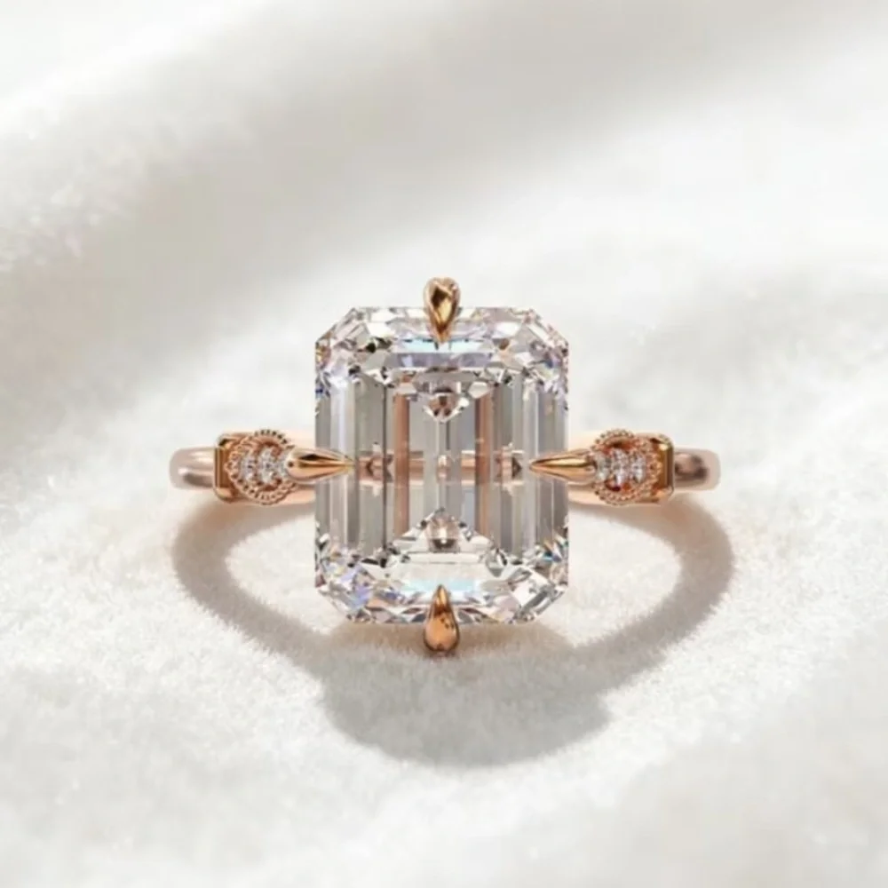 Rose Gold Emerald-Cut Clear Crystal Solitaire Ring
